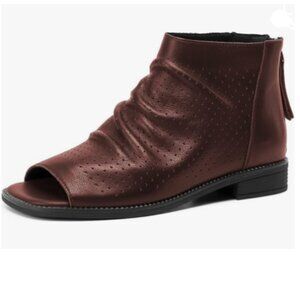 FSJ Saddlebrown Peep Open Toe Slouchy Low Block Heel Ankle Booties Sandal